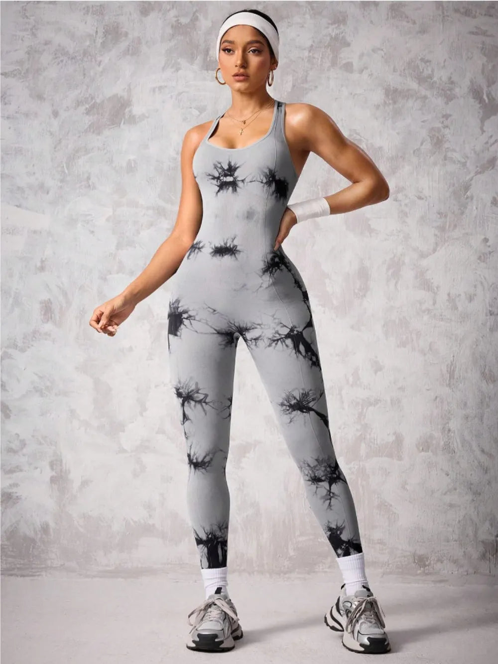Back Crisscross Tie-Dye Scoop Neck Active Jumpsuit - Korvel