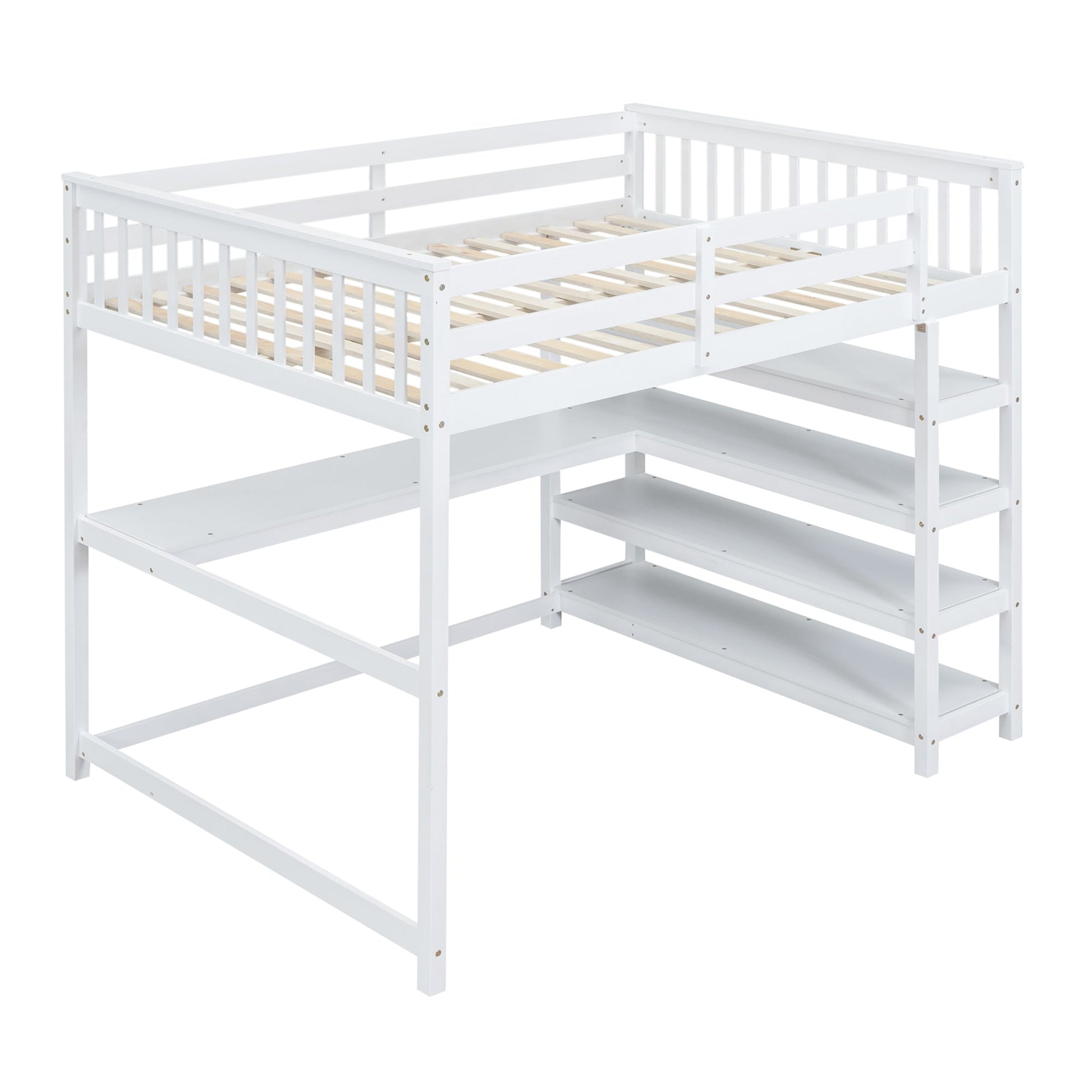 Full Size Loft Bed with Storage Shelves and Under-bed Desk  White - Korvel