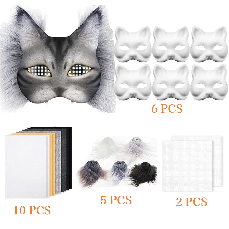 6 Sets Therian Mask Kit. Half-face paper blank masks, hand-painted cat. For DIY, masquerade, cosplay, Christmas gifts. Create un - Korvel