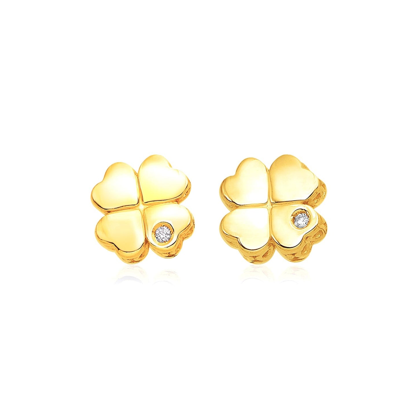 Boucles d'oreilles en or jaune 14 carats poli en forme de trèfle à quatre feuilles avec diamants