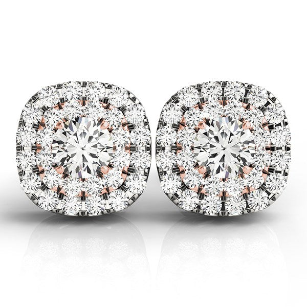 Pendientes de Diamante Halo de Oro Blanco y Rosa de 14k