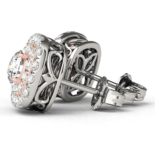 Pendientes de Diamante Halo de Oro Blanco y Rosa de 14k