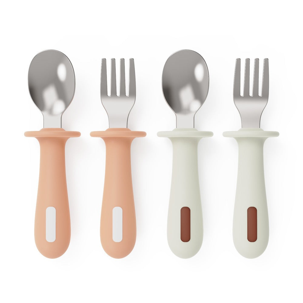 Adjustable color PPSU silicone fork and spoon set, children's stainless steel spoon and fork, baby training supplementary food tableware set of 2 pieces - Korvel