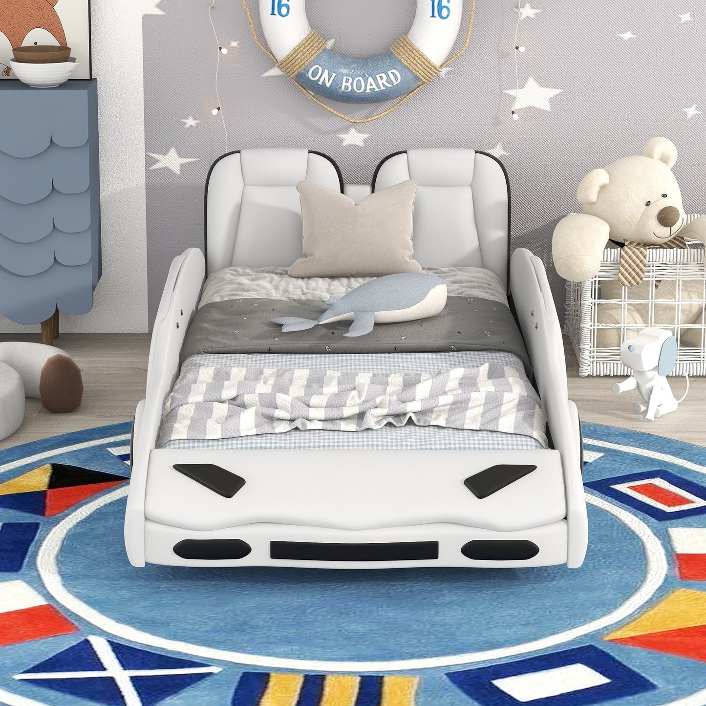 Twin Size Race Car Platform Bed with Wheels - White