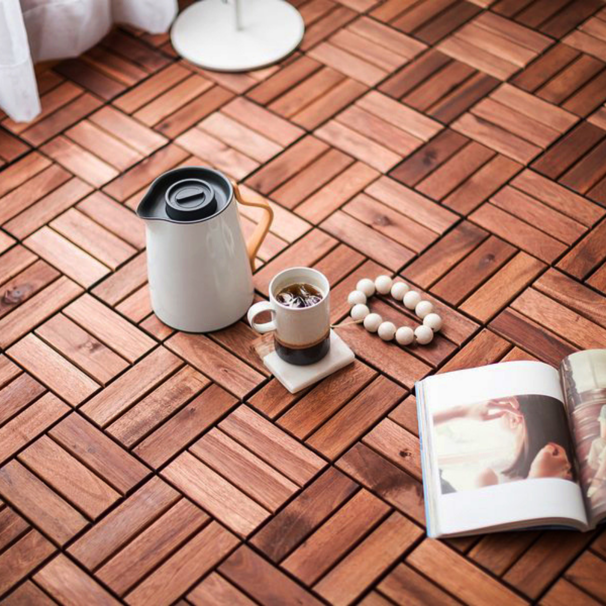 Acacia interlocking deck tile grid pattern, 10 pieces of 12 inch x 12 inch square brown Acacia hardwood outdoor flooring - Korvel
