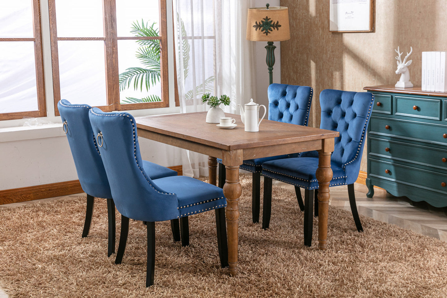 High-end Tufted Solid Wood Contemporary Velvet Upholstered Dining Chair with Wood Legs Nailhead Trim 2-Pcs Set Blue - Korvel
