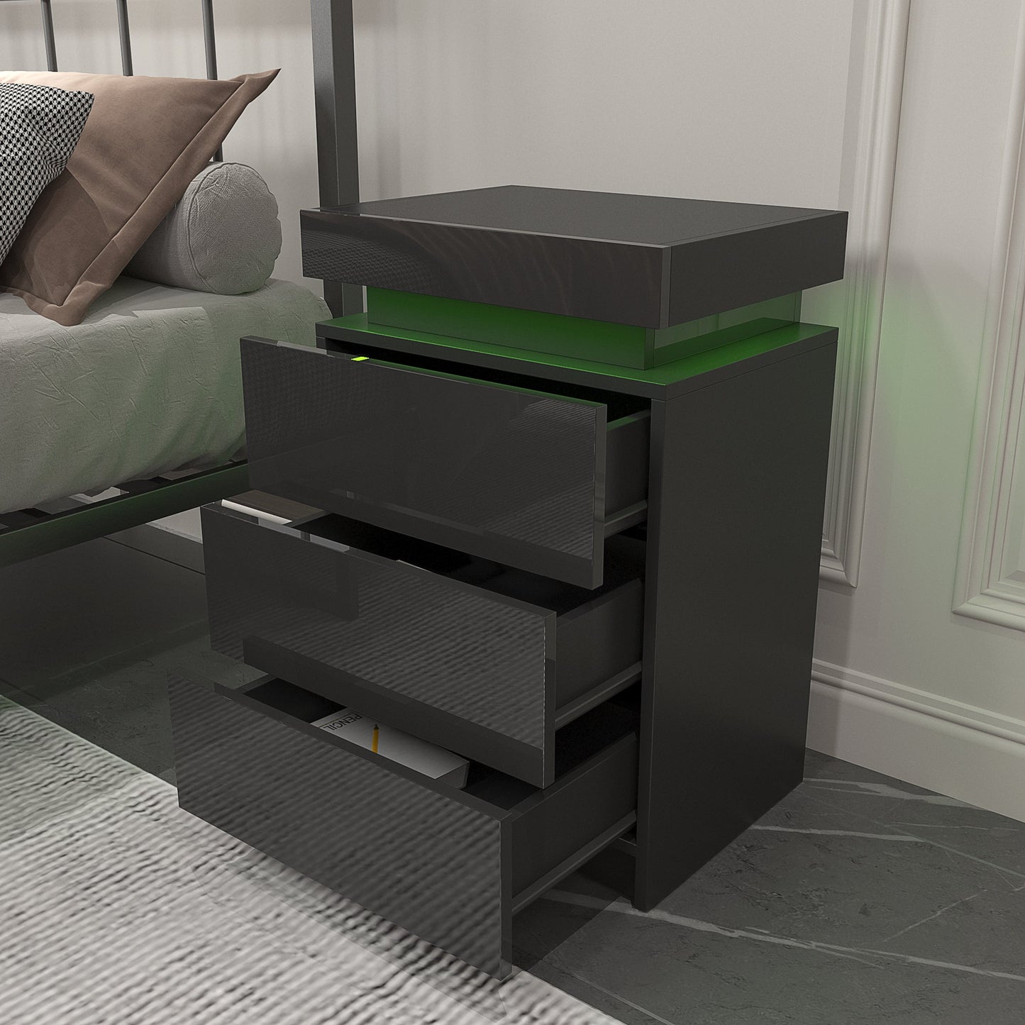 Modern LED Black Nightstand with Multi-Colour Lighting