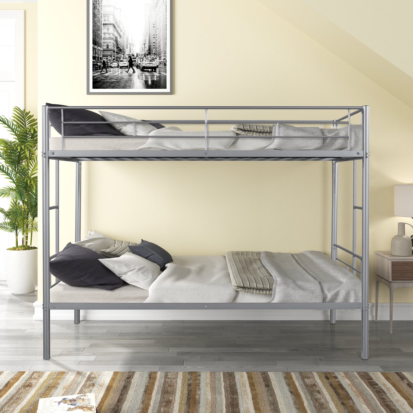 Metal bunk bed/sturdy/noise reduction/2 side ladders/safety guardrails/CPC certification/no spring box required (Silver) - Korvel