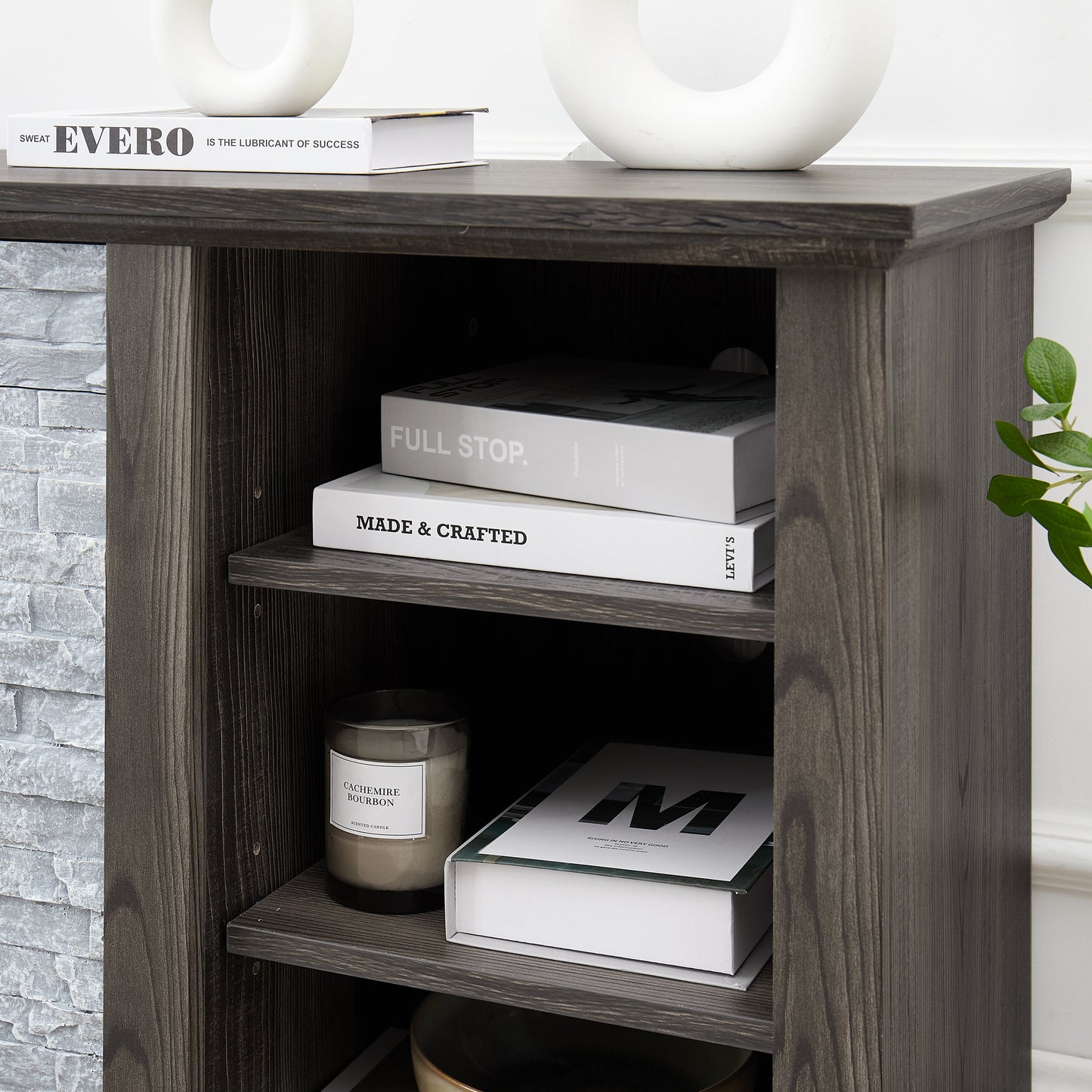 Mantel Stone modern entertainment console, manually stacked stone surrounds open storage space, gray - Korvel