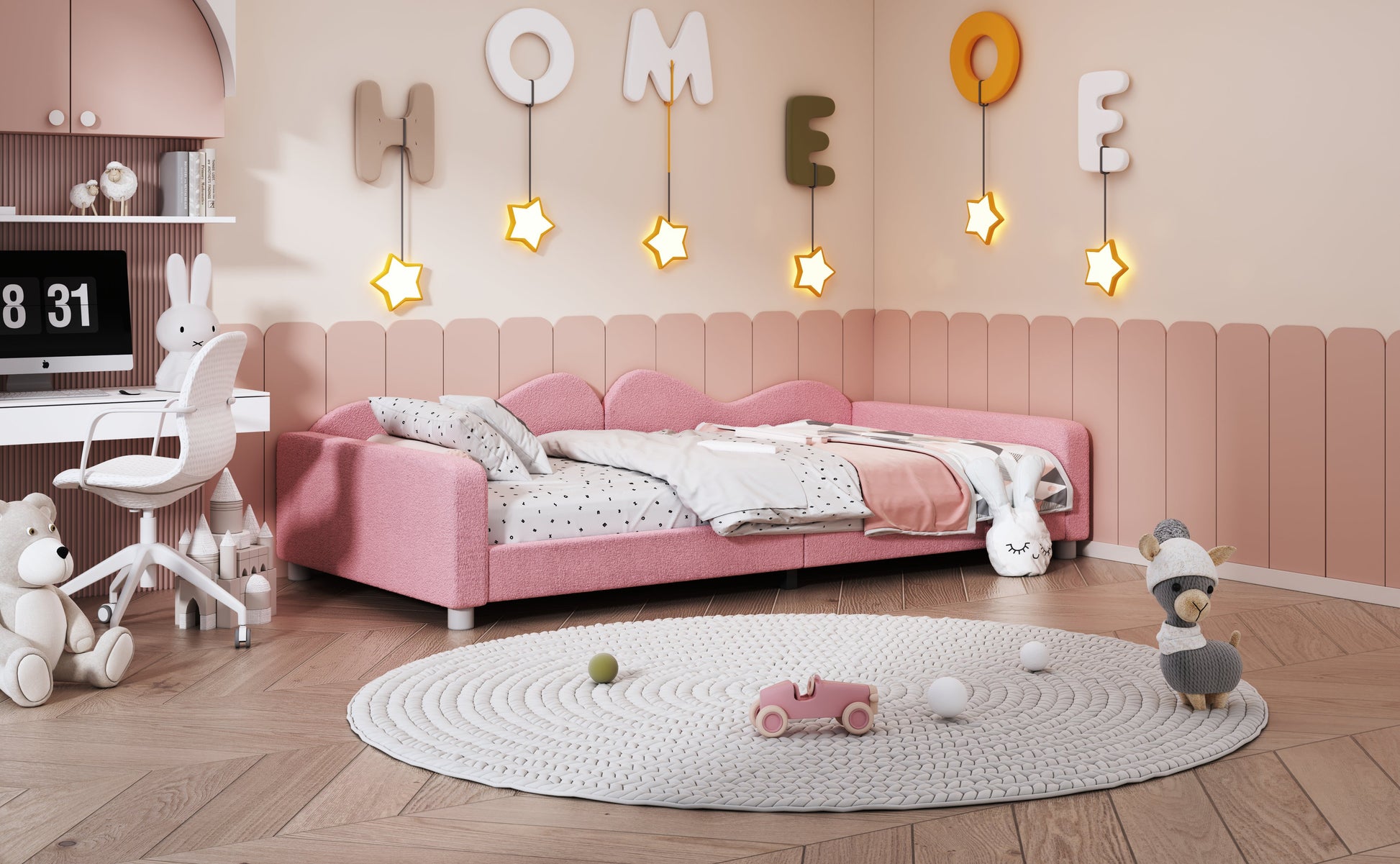 Twin size Upholstered Daybed, Sherpa Fabric Sofabed with Cloud-Shaped Backrest, No Box-spring Needed, Pink - Korvel