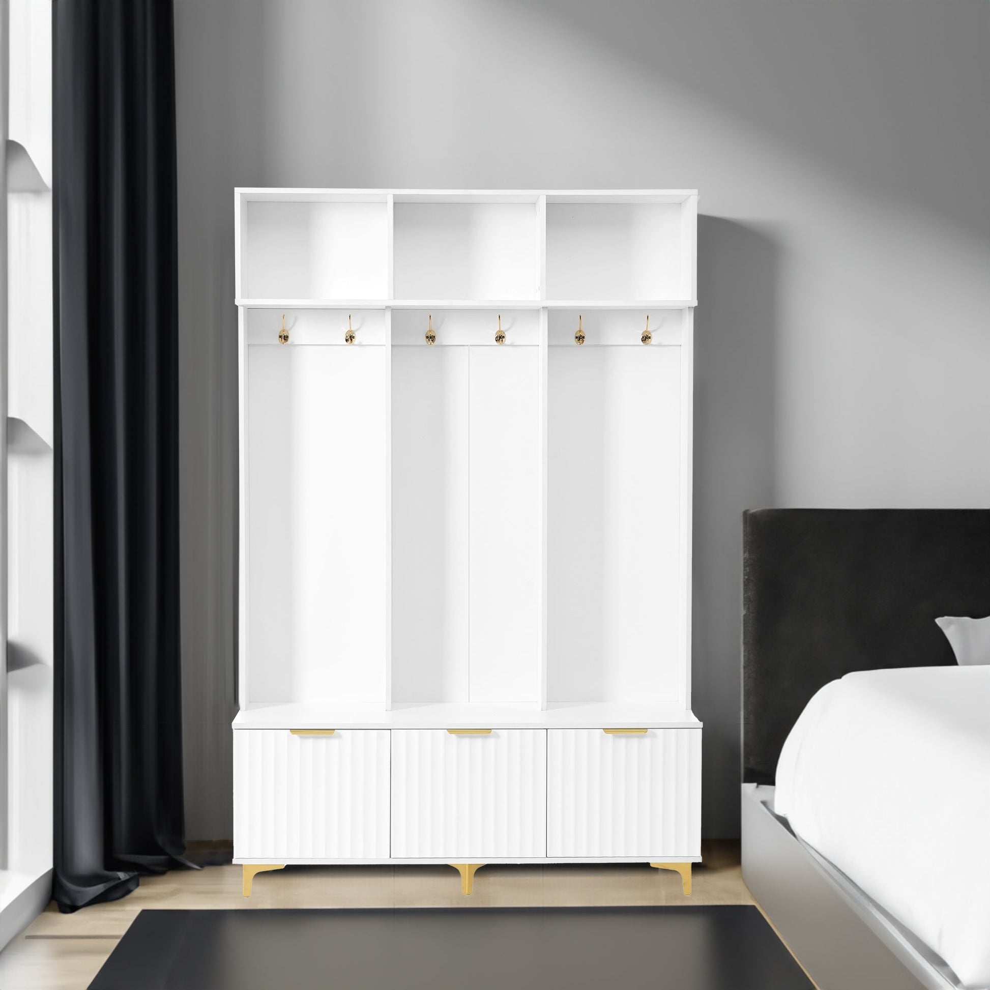 Large storage hall tree with bench, multifunctional storage platform, luxury clothes hanger equipped with 6 gold hooks - Korvel