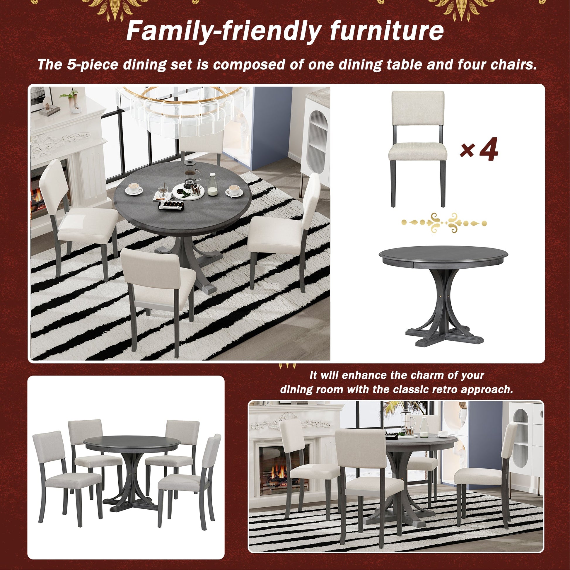 TREXM Five Piece Retro Round Dining Table Set with Curved Brackets and 4 Restaurant Cushioned Chairs (Dark Gray) - Korvel
