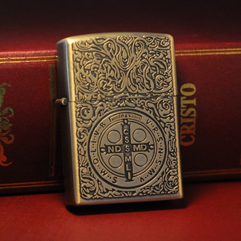 Retro Windproof Kerosene Lighter with Bronze Relief Design