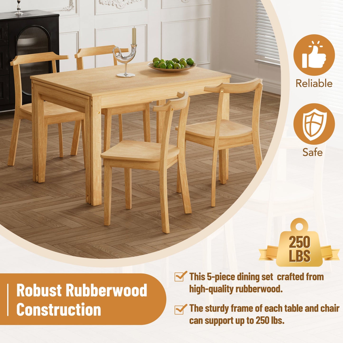 TOPMAX 65 "5-piece set with wheels, expandable dining table set, 17.7" pull-out side table and small dining chairs, natural - Korvel