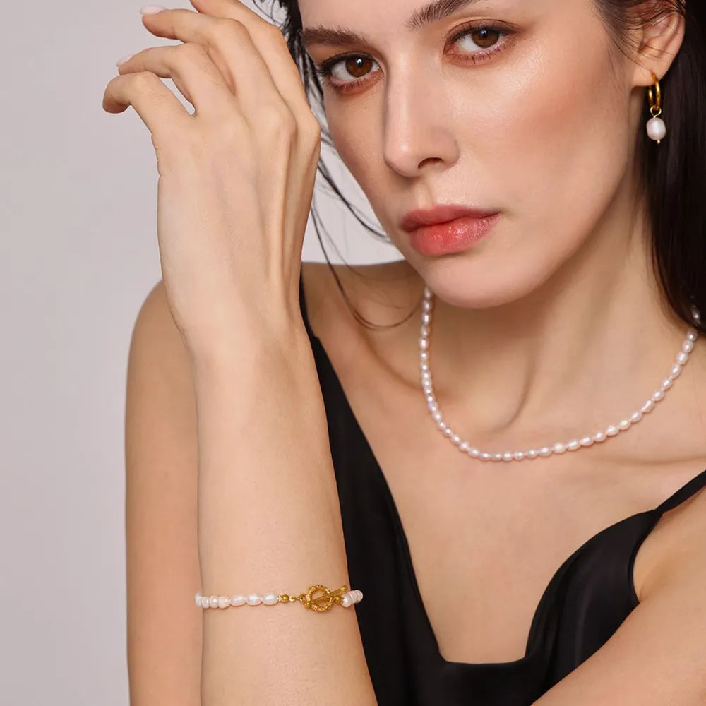 Pearl Necklace, Bracelet and Earrings 4-Piece Jewelry Set - Korvel