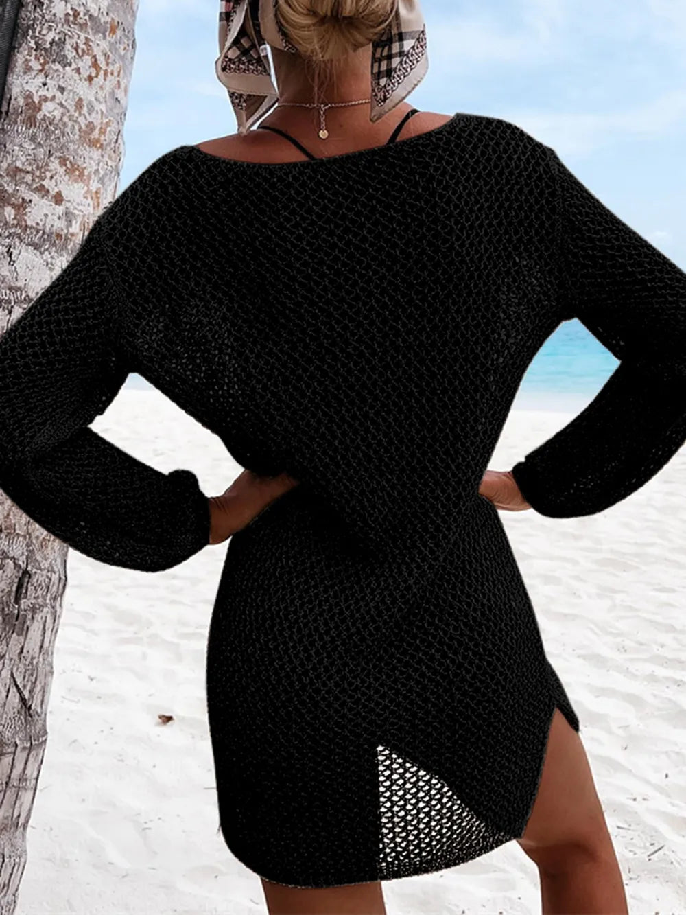 Elegant Openwork Tie Neck Blouse
