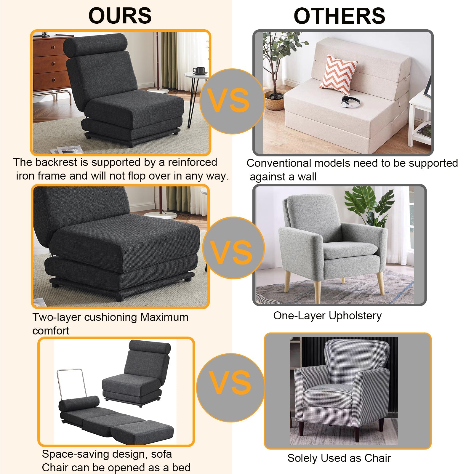 Single Sofa Chair Foldable Single Sofa Bed with Pillow,Portable Foldable Sofa Bed,Leisure Sofa Chair,Easy to Store, Dark Grey - Korvel