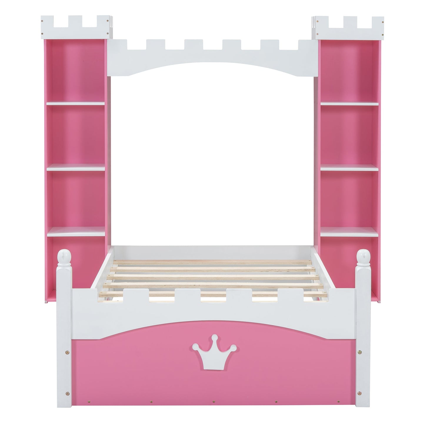 Lit jumeau en bois en forme de château avec étagère de rangement en rose et blanc