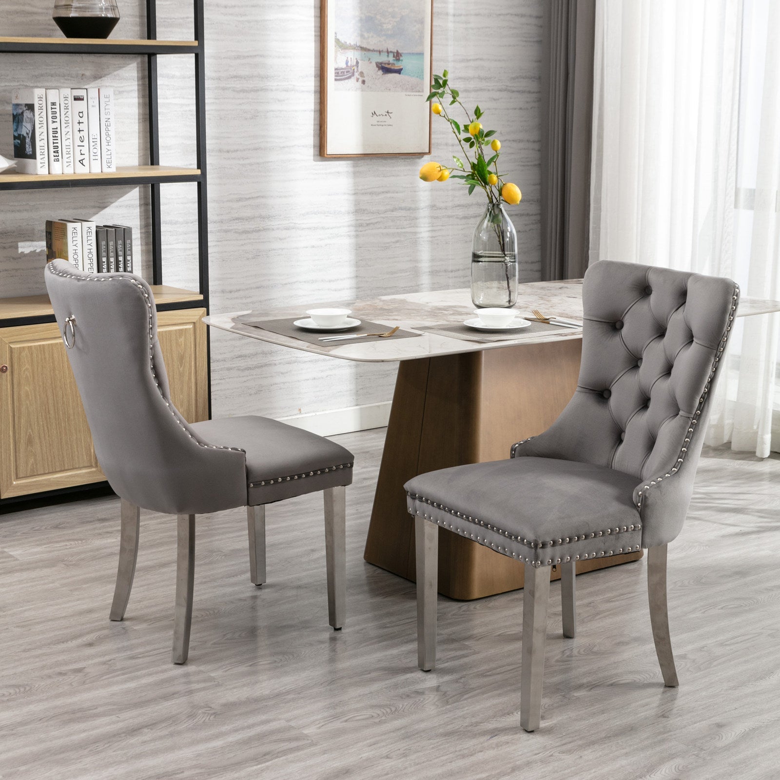 High end tufted solid wood velvet soft cushion dining chair chrome plated leg nail decoration gray and chrome two-piece set - Korvel