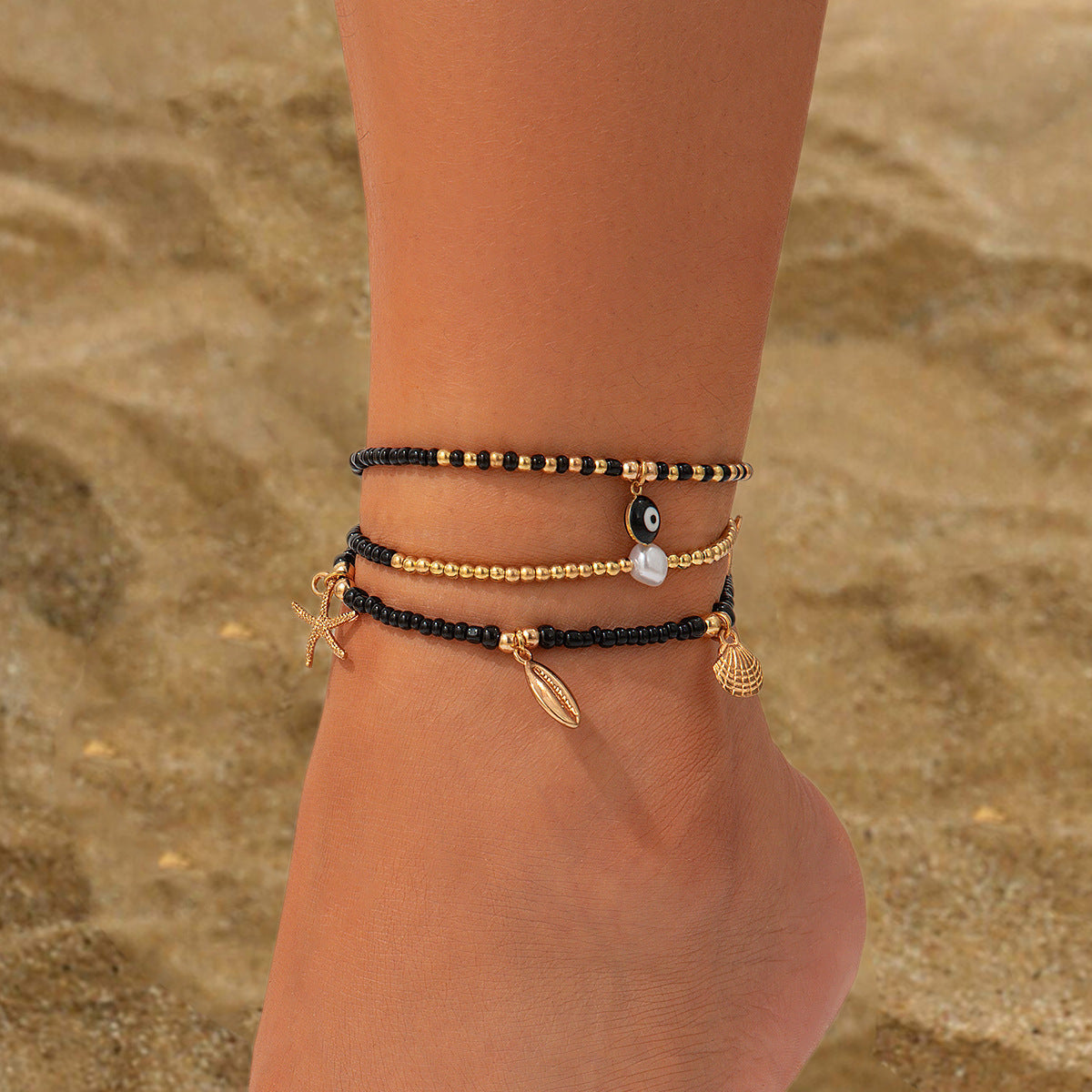 Conjunto de Tobilleras Elegantes de Perlas de Arroz Circulares para Playa - 3 Piezas