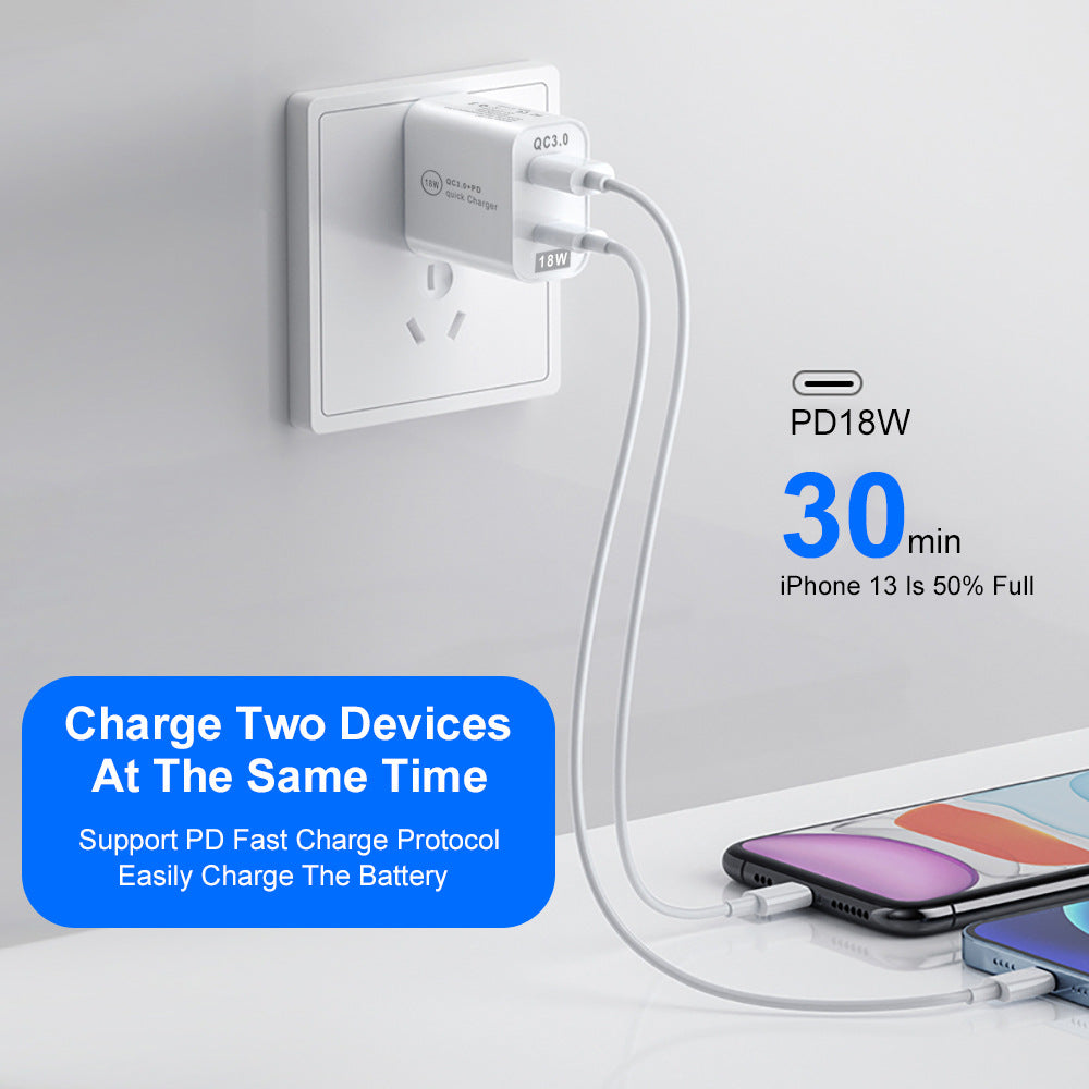 QC3.0 Fast Charging PD Charger USB-A+Type-C Dual Port Charging Head - Korvel