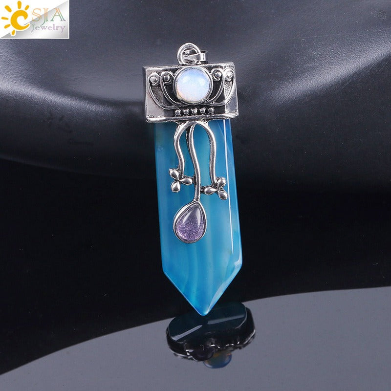 CSJA Vintage Large Natural Stone Sword-Shaped Pendant Jewelry Striped Crystal Agate Tiger Eye Jewelry Pendant Without Chain - Korvel