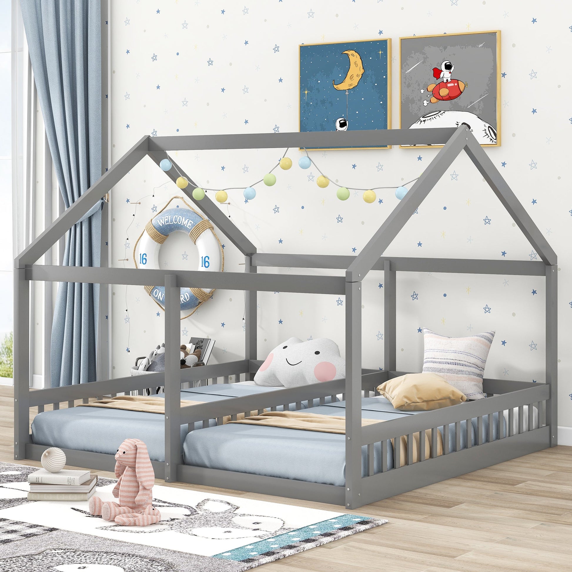 Twin Size House Platform Beds Two Shared Beds Gray - Korvel