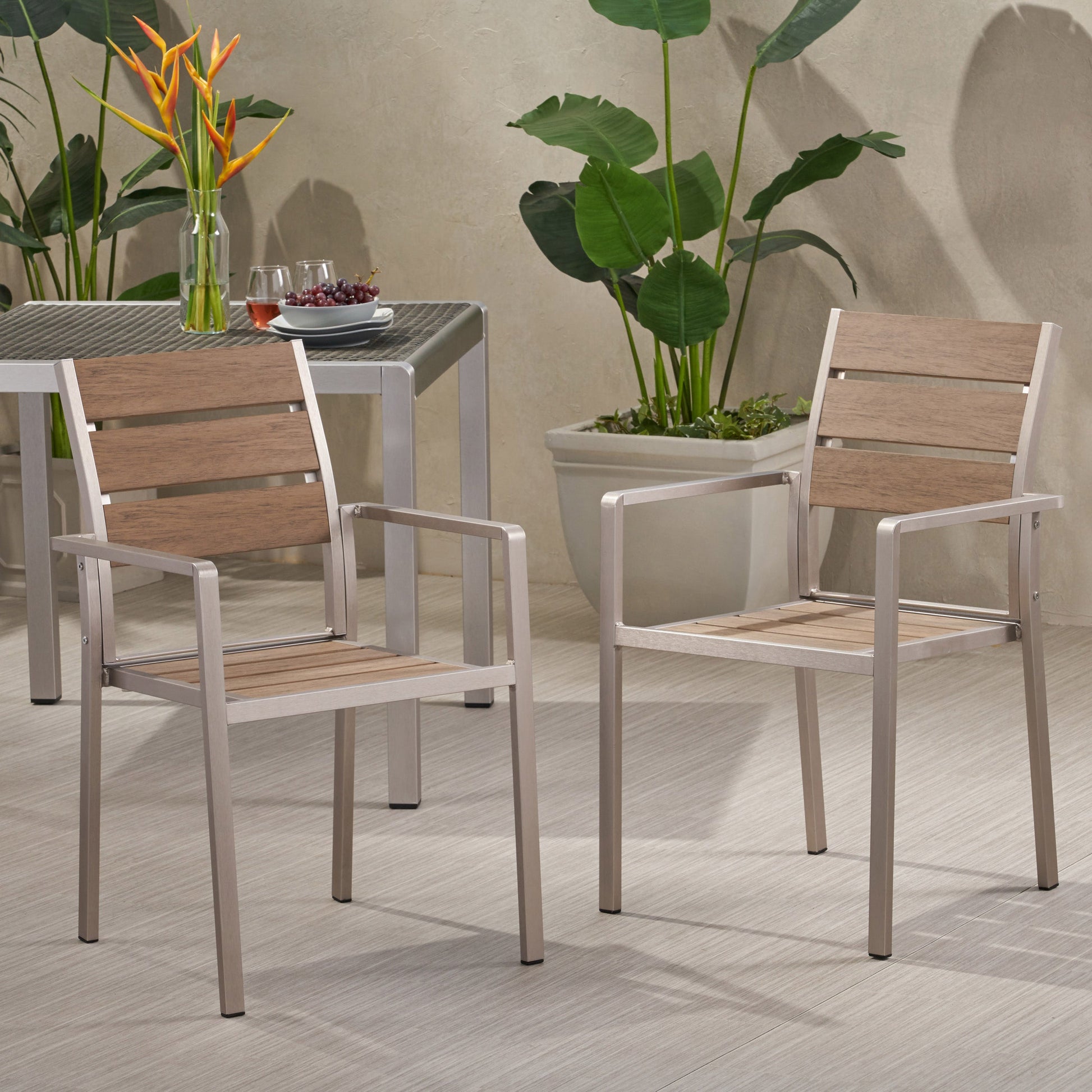 Outdoor Modern Aluminum Dining Chair with Faux Wood Seat (Set of 2), Natural and Silver - Korvel