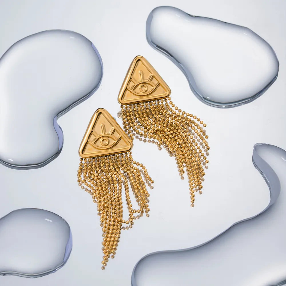Triangular relief devil's eye design with tassel titanium steel earrings - Korvel