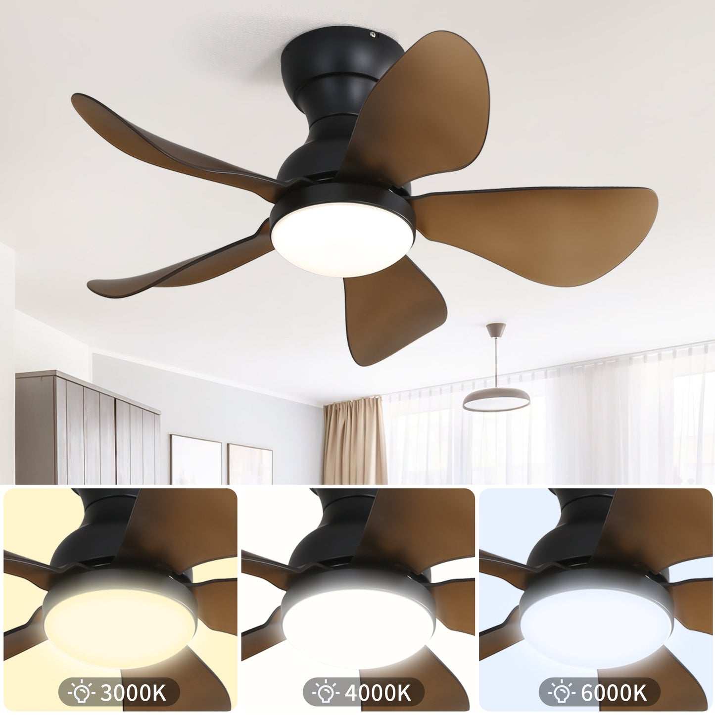 29 Inch Low Profile Flush Mount Ceiling Fan with Light Reversible Motor Remote Control - Korvel