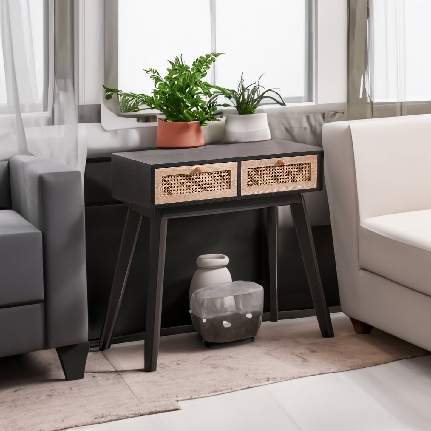Side table with two real rattan drawers, solid wood table legs,can be used in the dining room, living room,bedroom - Korvel