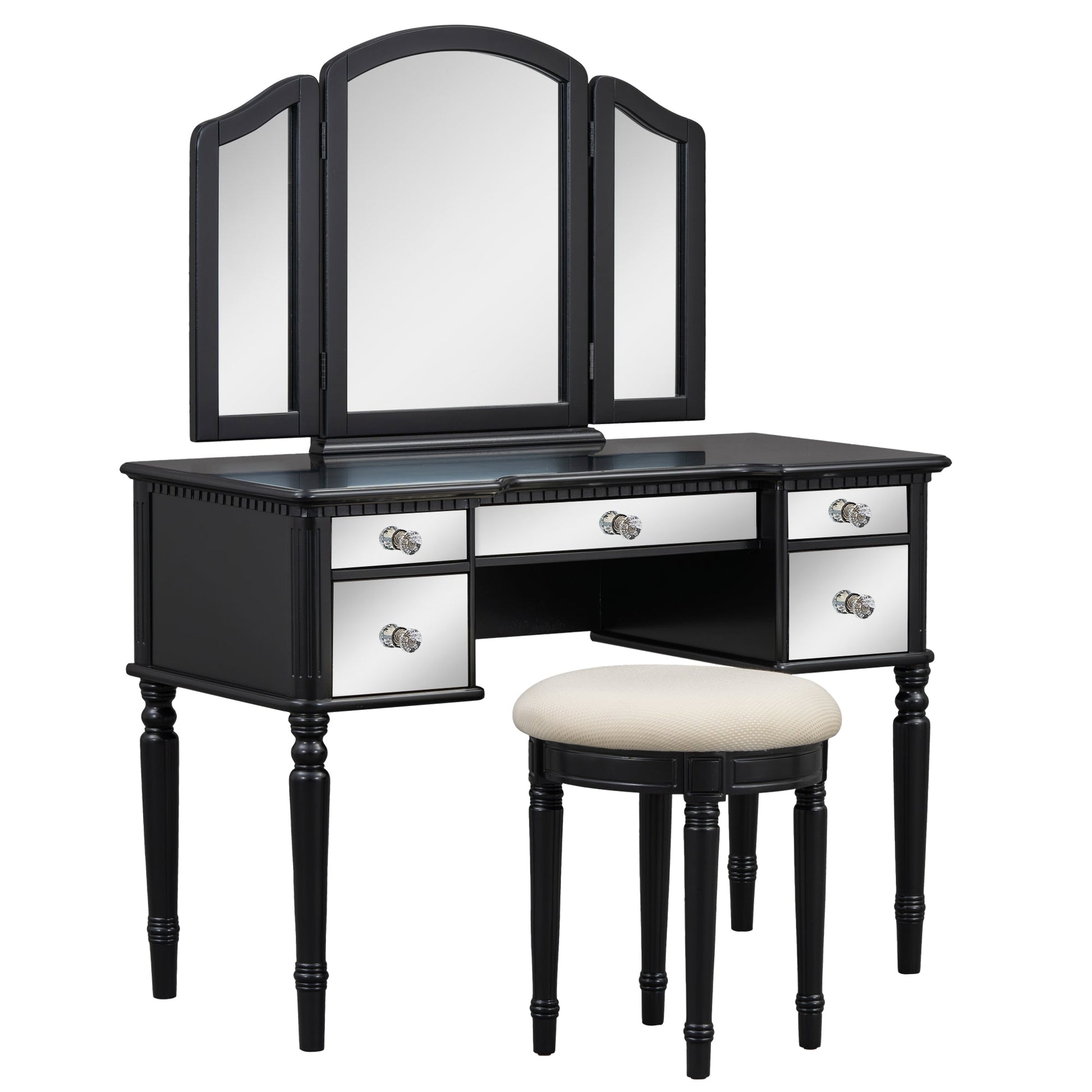 GO 43" Dressing Table Set with Mirrored Drawers and Stool, Tri-fold Mirror, Makeup Vanity Set for Bedroom, Black - Korvel