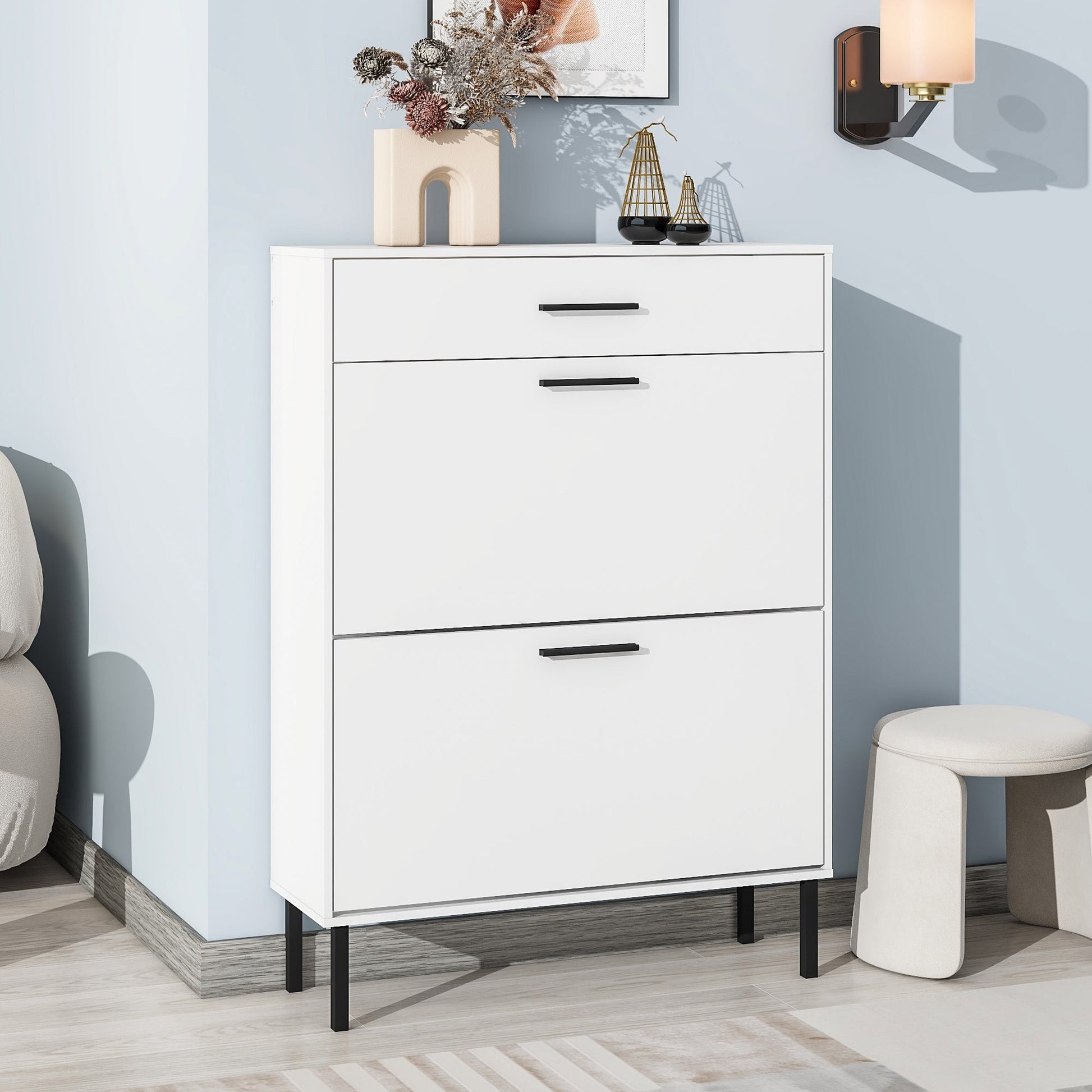 Independent shoe rack storage box with drawers and metal legs, modern shoe cabinet with 2 flippable drawers - Korvel