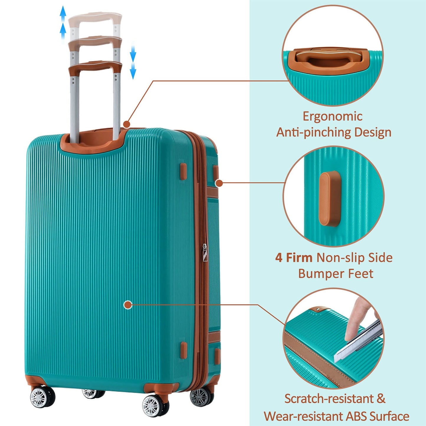 Hardshell Luggage Sets 3 Piece double spinner 8 wheels Suitcase with TSA Lock Lightweight 20''24''28'' Green + ABS - Korvel