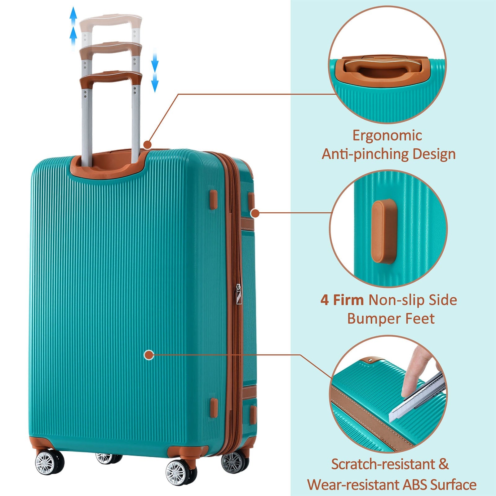 Hardshell Luggage Sets 3 Piece double spinner 8 wheels Suitcase with TSA Lock Lightweight 20''24''28'' Green + ABS - Korvel