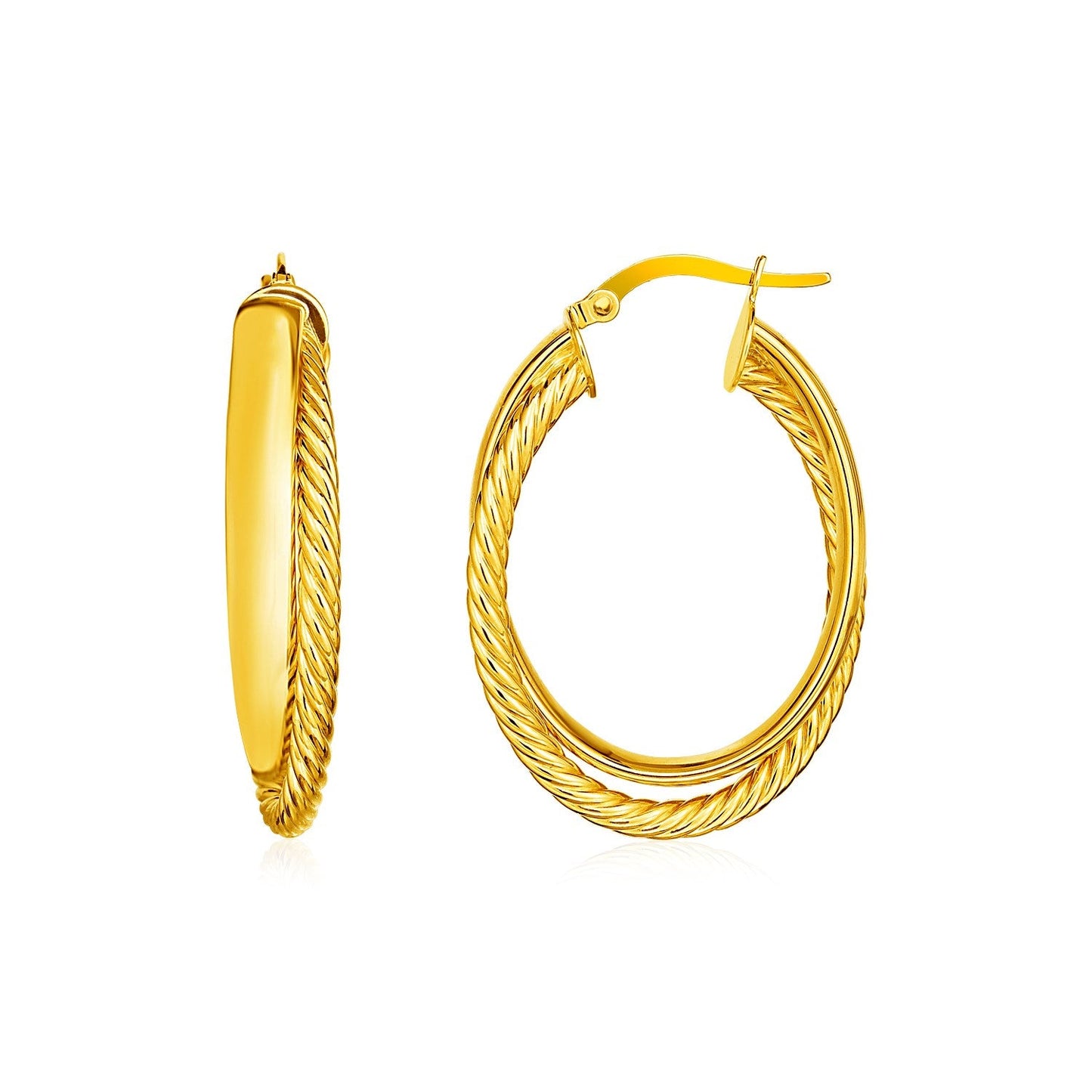 14k Yellow Gold Textured Twisted Oval Hoop Earrings