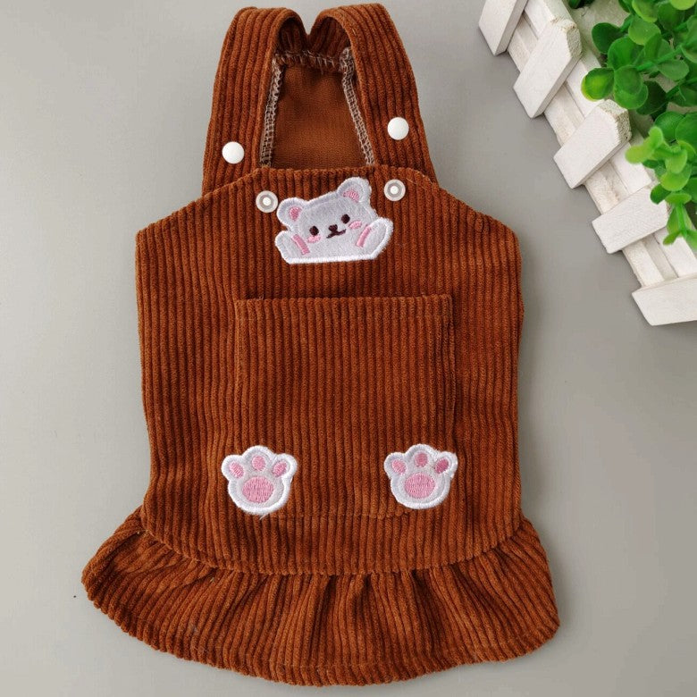 Pet Spring and Autumn Bears Embroidery Corduroy Strap Dress Cat Dog Clothes Teddy Korean Bibear Pomeranian VIP - Korvel