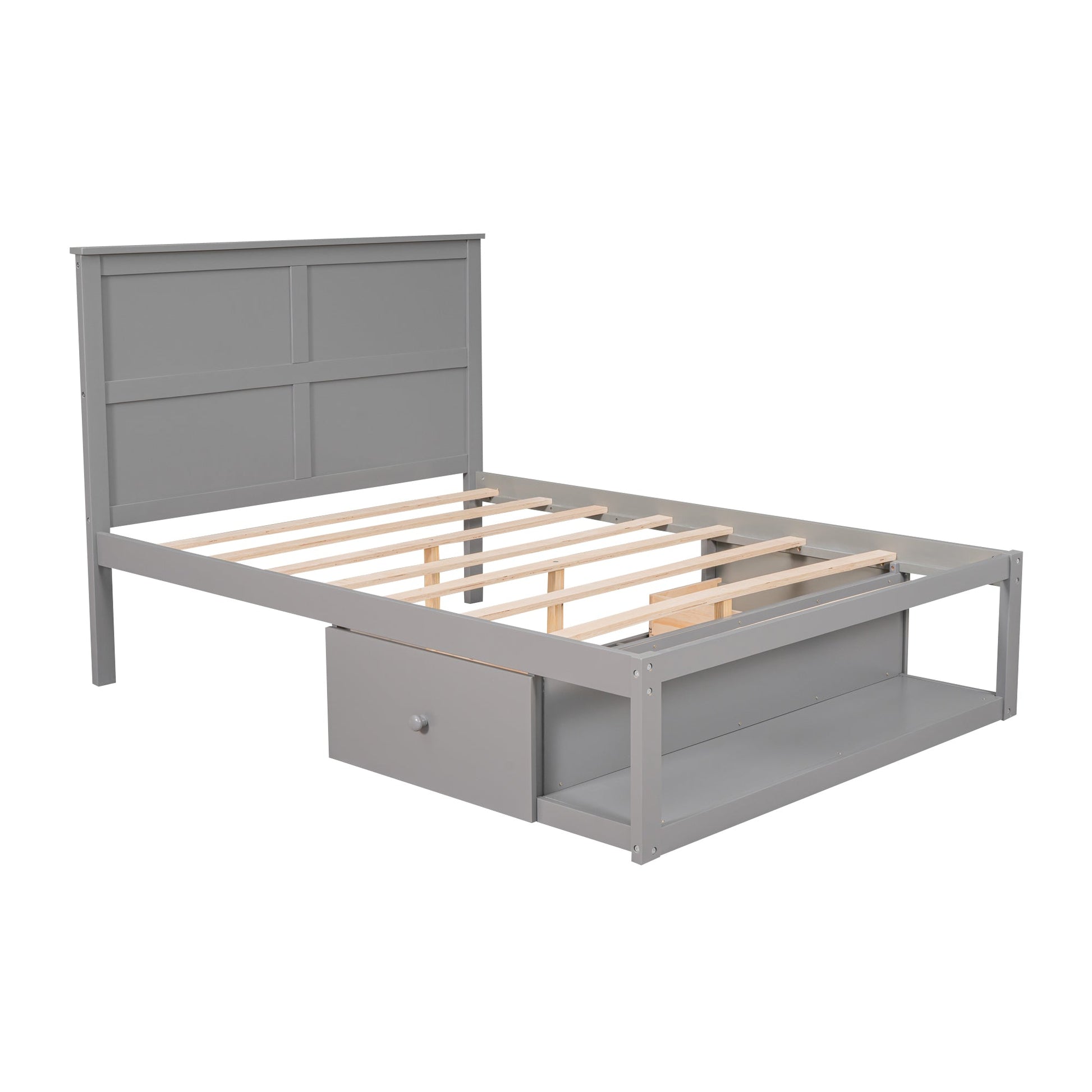 Full Size Platform Bed with Drawer on the Each Side and Shelf on the End of the Bed Gray - Korvel