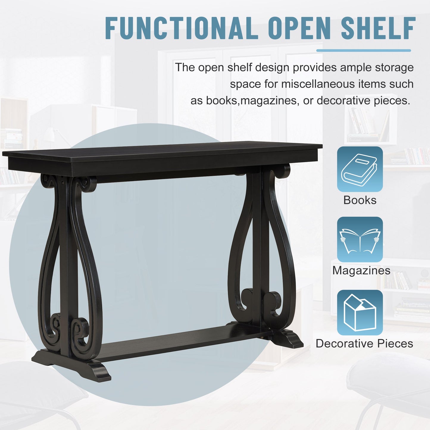 48-Inch Rustic Vintage Console Table --- Farmhouse Style Entryway Table with Open Shelf and Sturdy Construction (Black) - Korvel
