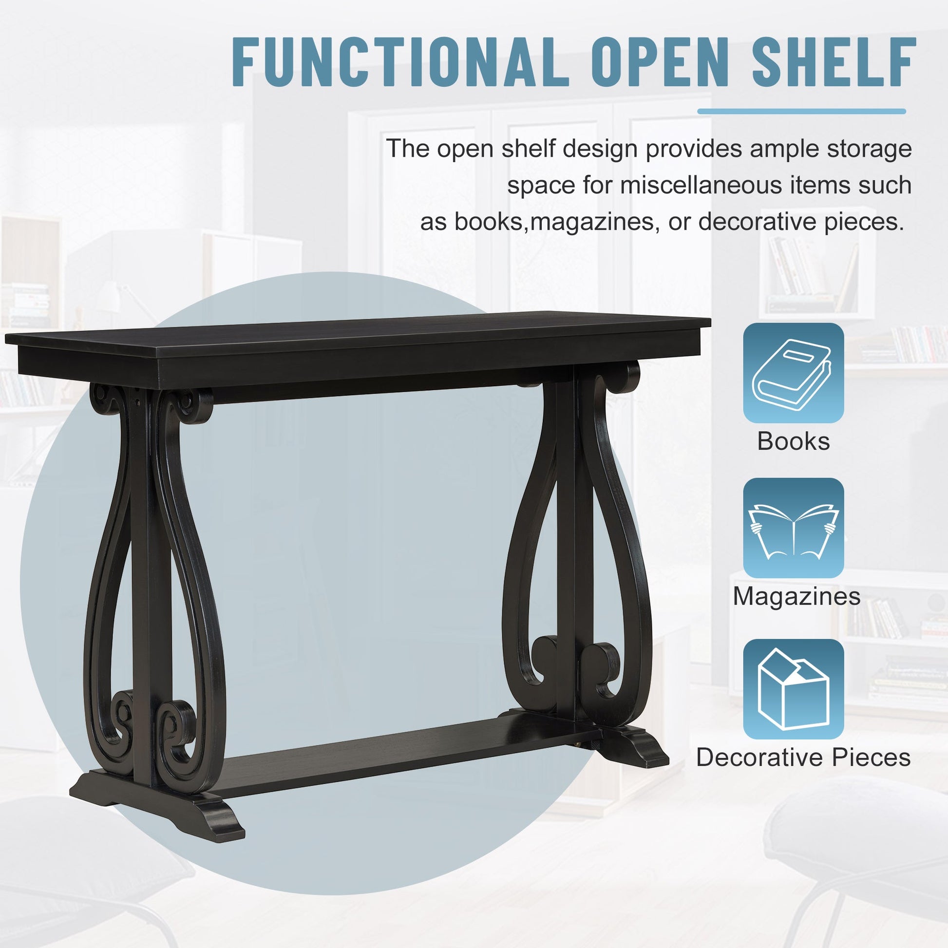 48-Inch Rustic Vintage Console Table --- Farmhouse Style Entryway Table with Open Shelf and Sturdy Construction (Black) - Korvel