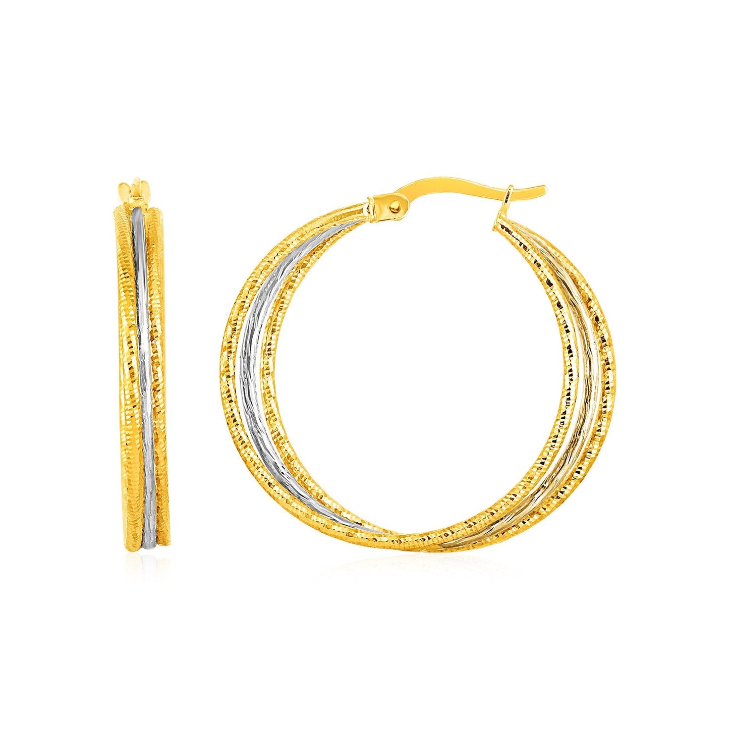 Boucles d'oreilles créoles texturées en trois parties en or jaune et blanc 14 carats
