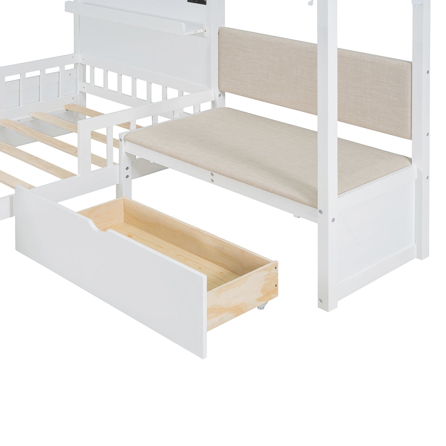 Twin Size House Bed with Upholstered Sofa and Charging Station