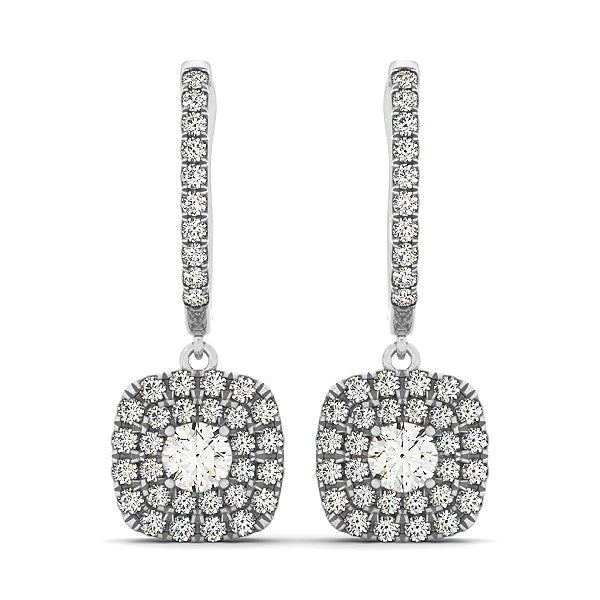 Boucles d'oreilles en diamant coussin double halo en or blanc 14 carats