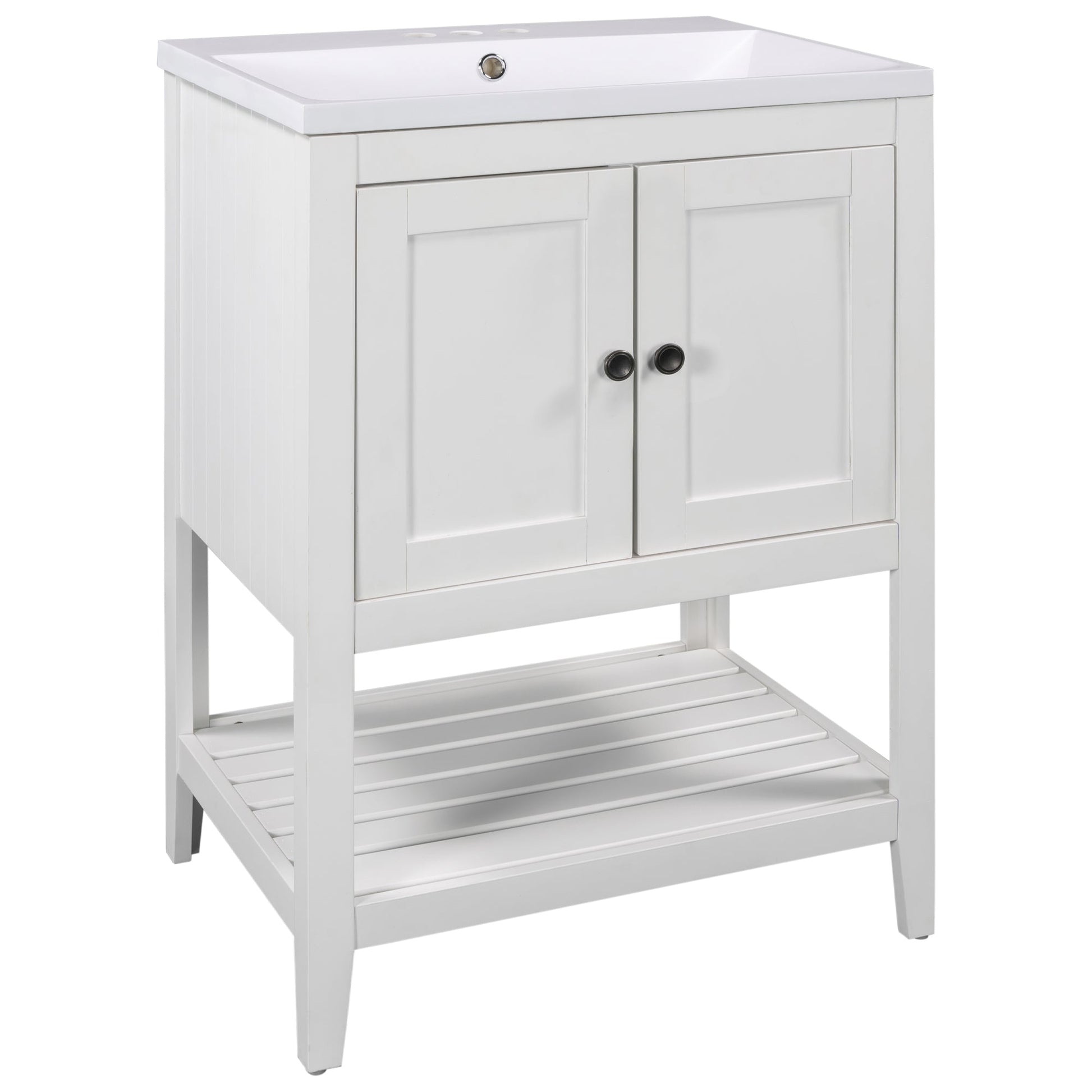 24" White Modern Sleek Bathroom Vanity Elegant Ceramic Sink with Solid Wood Frame Open Style Shelf - Korvel