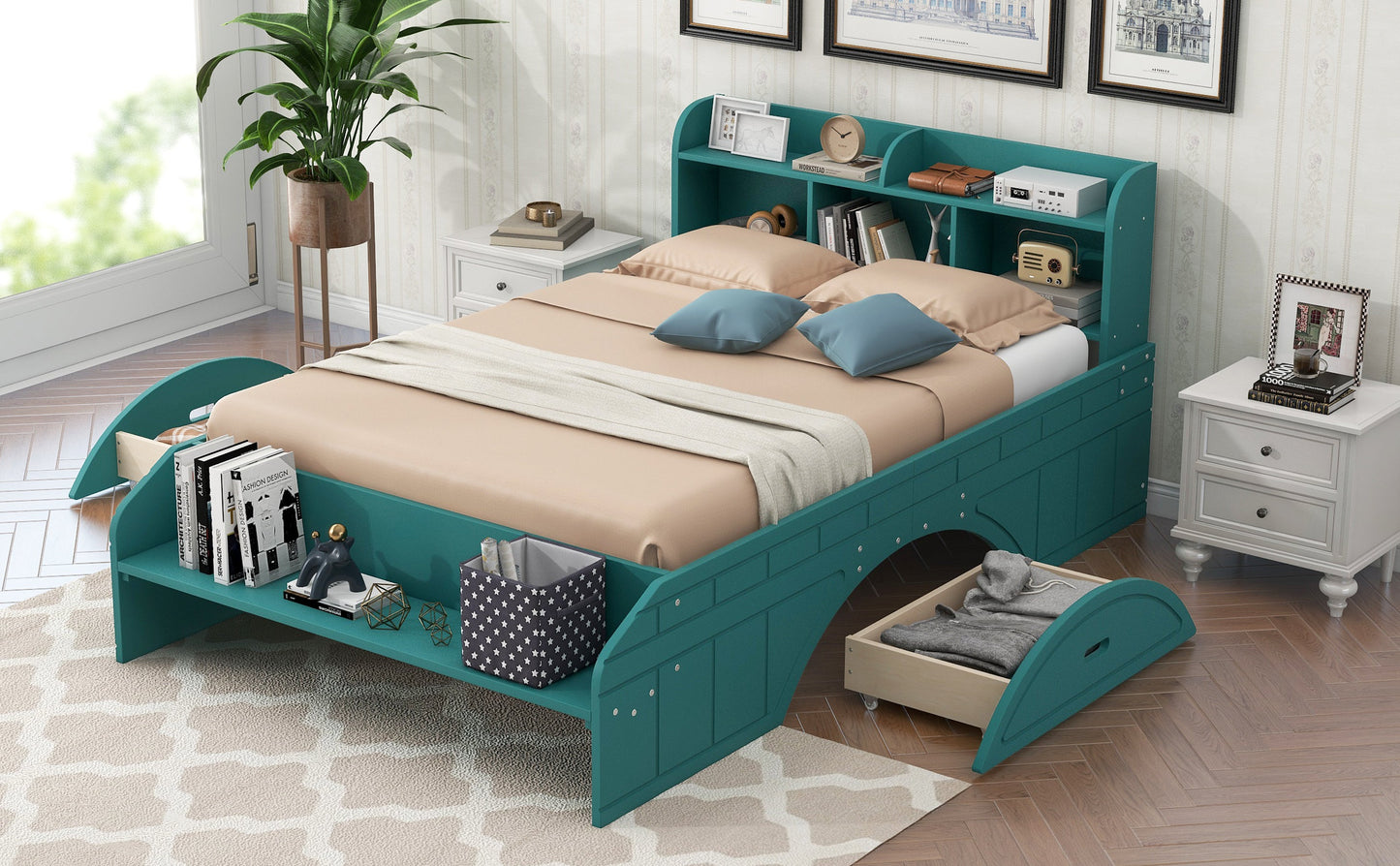 Wood Full Size Platform Bed with 2 Drawers, Storage Headboard and Footboard, Dark Green - Korvel