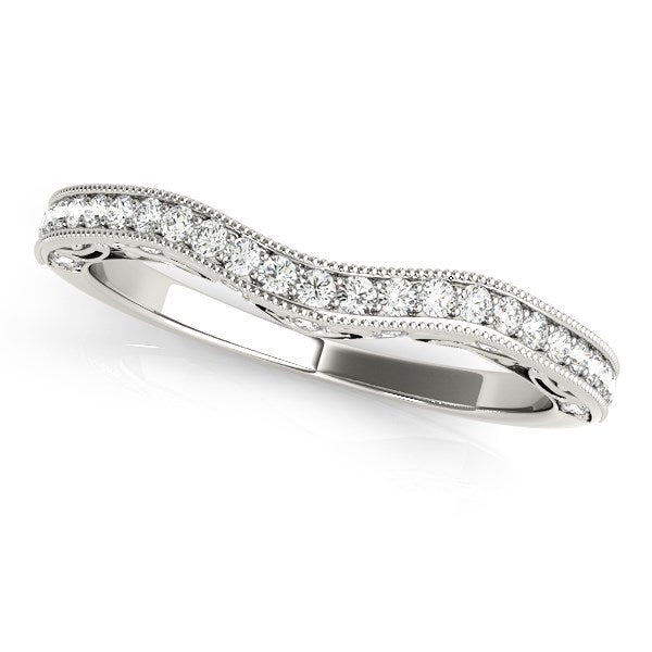 14k White Gold Milgrained Pave Set Curved Diamond Wedding Band