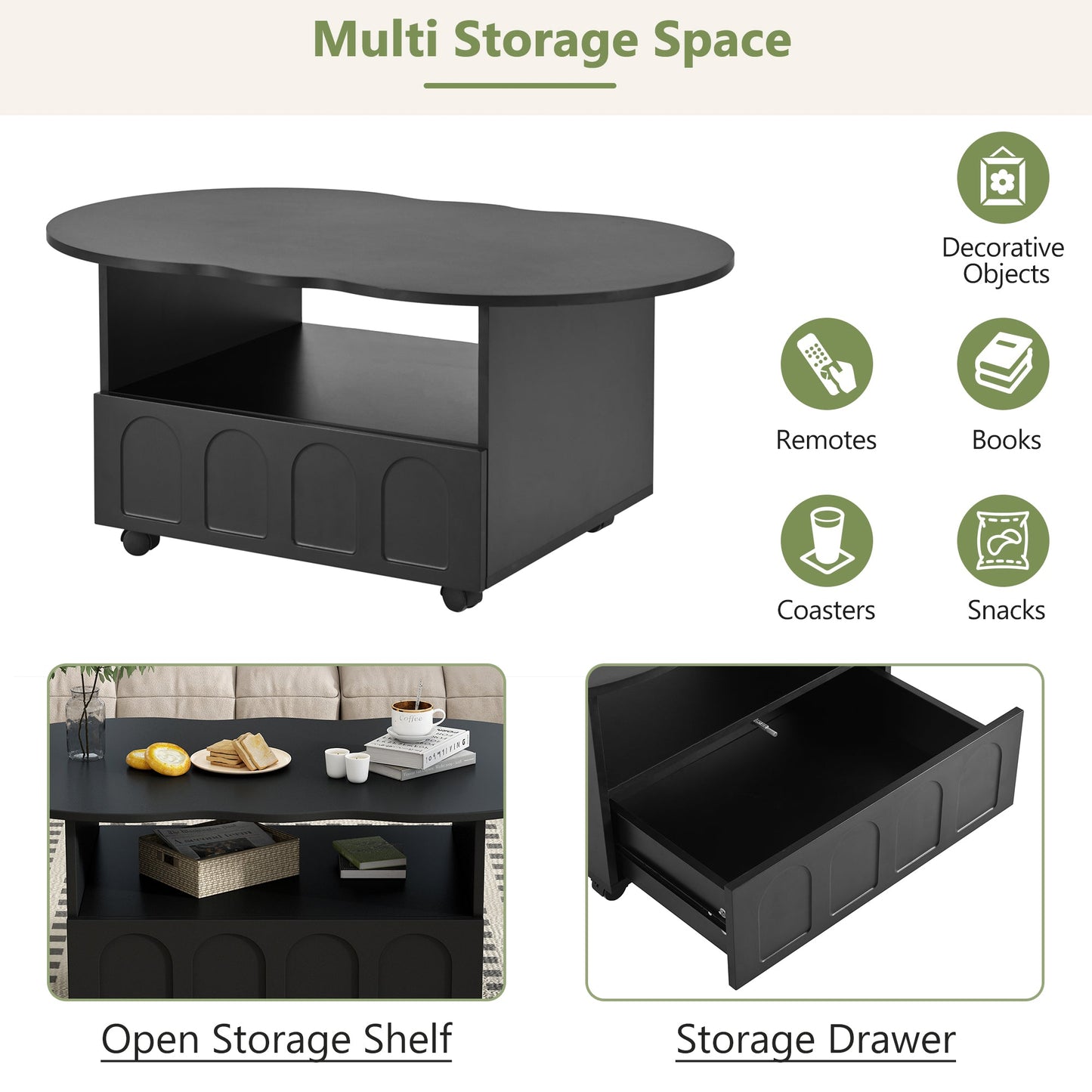 ON-TRANS flexible cream style coffee table with 2 brake wheels, drawers, large storage space,black, 39.37 '' x 23.6 '' - Korvel