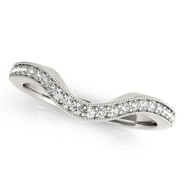 14k White Gold Curved Diamond Wedding Band with Milgrained Border