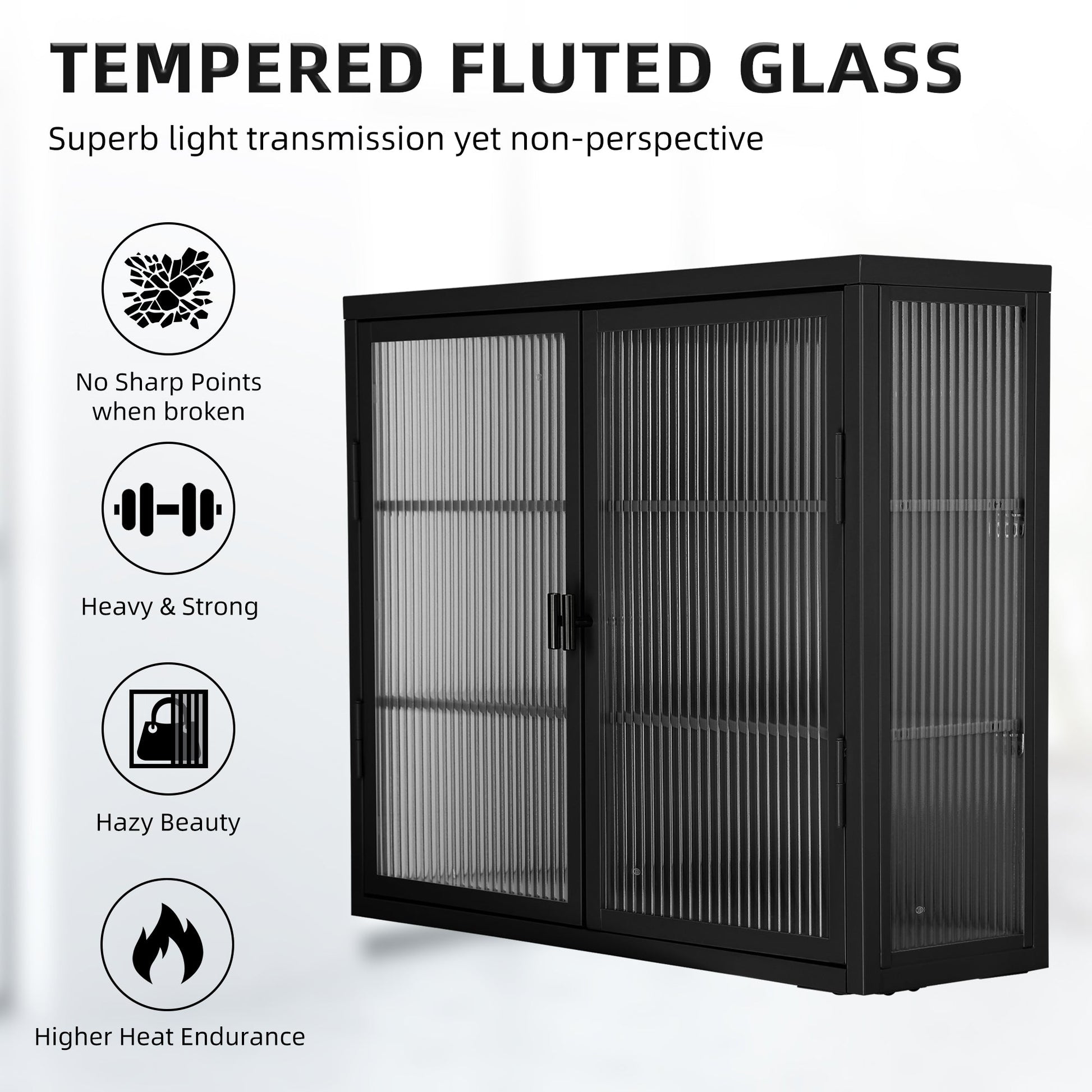 Retro Style Haze Double Glass Door Wall Cabinet With Detachable Shelves for Office Dining Room Living Room - Korvel