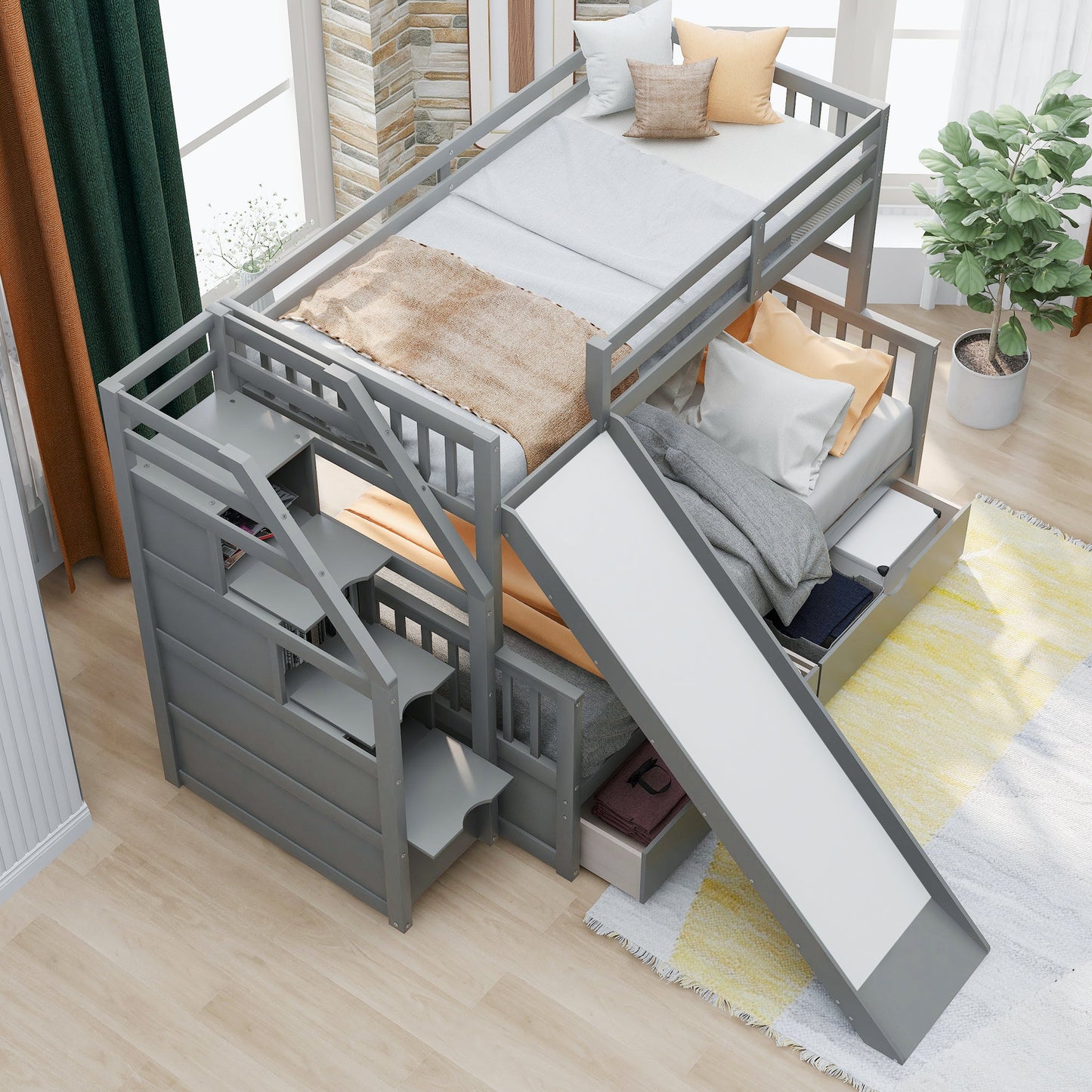 Lit superposé jumeau sur grand lit avec rangement et toboggan - Gris